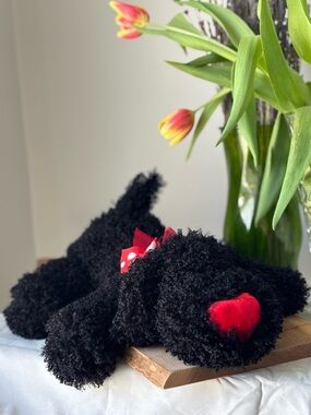 Plush Black Curly Toy Dog with Red Heart Accent